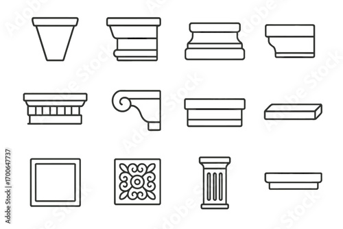 Stone Architecture Icons. Line style icons of stone architectural detail: stone keystone, stone cornice, stone base trim, stone