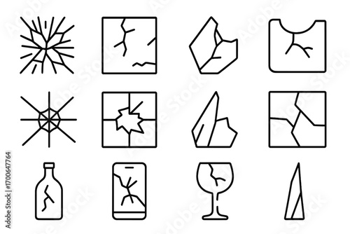 Broken Glass Icons. Line style icons of broken glass: shattered glass, cracked mirror, glass fragment, glass chip; spiderweb crack