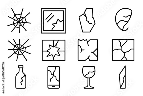 Broken Glass Icons. Line style icons of broken glass: shattered glass, cracked mirror, glass fragment, glass chip; spiderweb crack