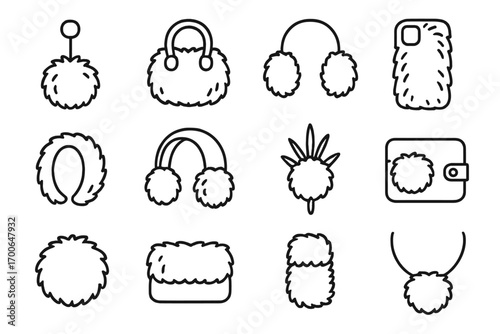 Fur Accessories Icons. Line style icons of fur accessories: fur keychain, fur handbag, fur earmuffs, fur phone case; fur bracelet,
