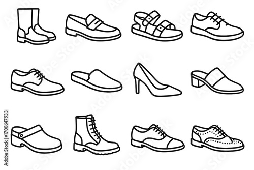 Leather Footwear Icons. Line style icons of leather footwear: leather boots, leather loafers, leather sandals, leather sneakers;