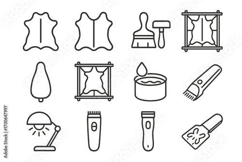 Fur Processing Tools Icons. Line style icons of fur production items: fur hide, fur skin, fur tanning tools, fur drying frame; fur