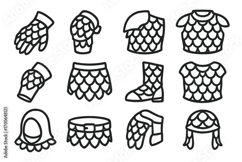 Armor Scale Icons. Line style icons of armor details with scales: scale gauntlet, scale knee pad, scale shoulder guard, scale
