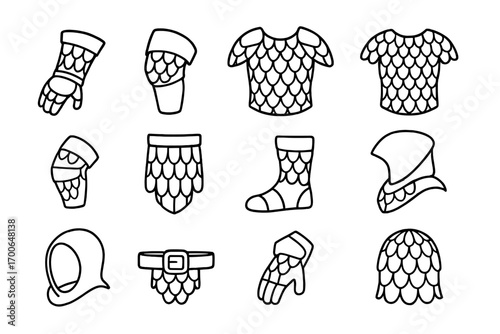 Armor Scale Icons. Line style icons of armor details with scales: scale gauntlet, scale knee pad, scale shoulder guard, scale