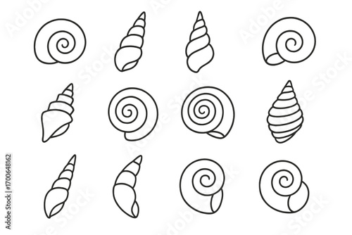 Spiral Shell Icons. Line style icons of spiral shells: tight spiral shell, elongated spiral shell, tapered spiral shell, curled