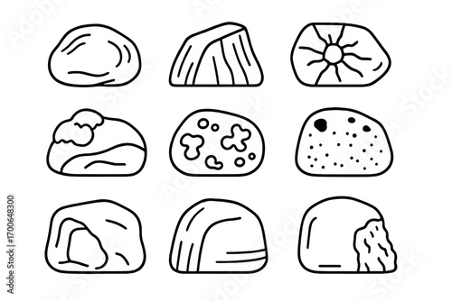 Weathered Rocks Icons. Line style icons of weathered rocks: wind-smoothed boulder, rain-etched rock, sun-cracked stone,