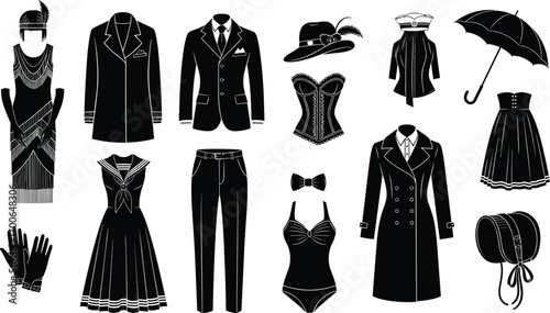 Vintage clothing silhouettes, retro fashion, classic dresses, old-fashioned outfits, 1920s style, elegant wear, gloves, hats, coats, stylish apparel
