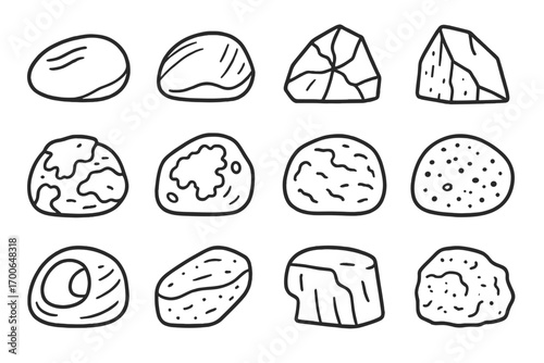 Weathered Rocks Icons. Line style icons of weathered rocks: wind-smoothed boulder, rain-etched rock, sun-cracked stone,