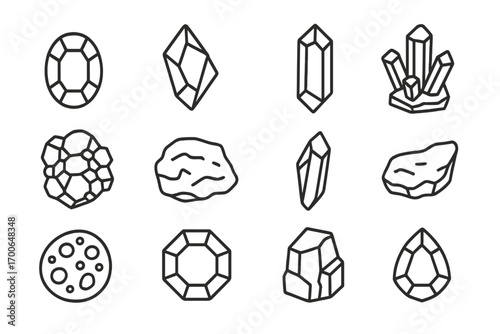 Line Art Rare Minerals. Line style icons of rare minerals: alexandrite stone, benitoite shard, tanzanite prism, painite crystal;