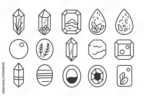 Mineral Inclusions Icons. Line style icons of mineral inclusions: crystal with rutile, quartz with chlorite, emerald with mica,