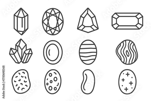 Line Style Gem Icons. Line style icons of semiprecious gems: peridot, citrine, amethyst, aquamarine; iolite, moonstone, onyx,