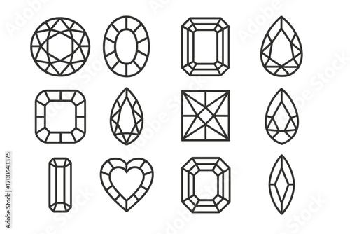 Gemstone Line Icons. Line style icons of cut gems: round diamond, oval sapphire, emerald-cut gem, pear-shaped ruby; cushion-cut