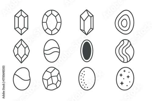 Line Style Gem Icons. Line style icons of semiprecious gems: peridot, citrine, amethyst, aquamarine; iolite, moonstone, onyx,