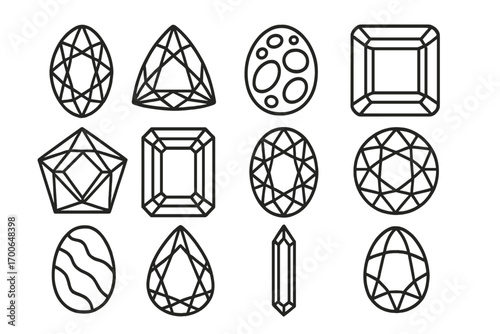 Rare Gems Icons. Line style icons of rare gems: alexandrite, tanzanite, black opal, paraiba tourmaline; benitoite, red beryl,