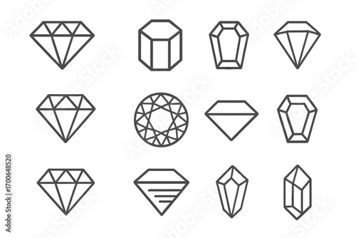 Geometric Diamond Icons. Line style icons of diamond shapes and outlines: geometric diamond icon, simple gem shape, outlined jewel
