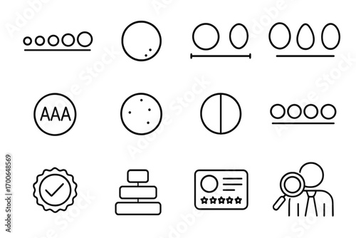 Pearl Grading Icons. Line style icons of pearl grading and quality: luster scale, surface grade icon, size comparison line, shape