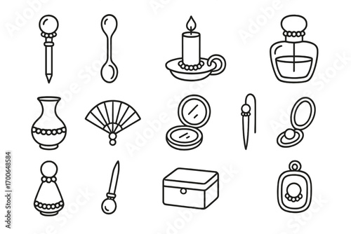 Pearl-Themed Line Icons. Line style icons of pearl-themed objects: pearl pen topper, pearl tea spoon, pearl candle holder, perfume
