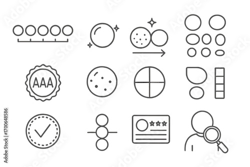 Pearl Grading Icons. Line style icons of pearl grading and quality: luster scale, surface grade icon, size comparison line, shape