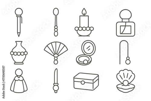 Pearl-Themed Line Icons. Line style icons of pearl-themed objects: pearl pen topper, pearl tea spoon, pearl candle holder, perfume