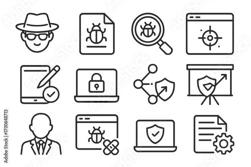 Ethical Hacking Icons. Line style icons of ethical hacking: white hat hacker, bug bounty report, secure code scan, vulnerability