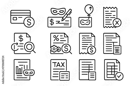 Financial Fraud Icons. Line style icons of financial fraud: unauthorized transaction, forged check, inflated bill, fake refund;