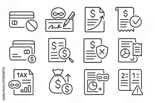 Financial Fraud Icons. Line style icons of financial fraud: unauthorized transaction, forged check, inflated bill, fake refund;