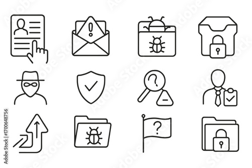 Whistleblower Reporting Icons. Line style icons of whistleblower reporting fraud: report filing icon, alert envelope, fraud