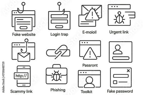 Phishing Hacks Icons. Line style icons of phishing hacks: fake website form, login box trap, email with malware, cloned browser
