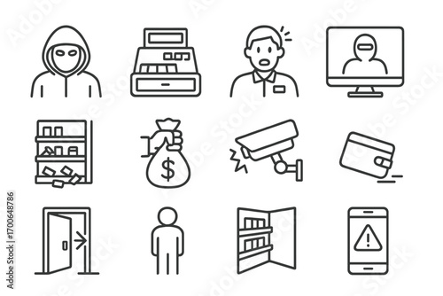 Convenience Store Heist Icons. Line style icons of convenience store robbery: thief with hood, open register, clerk under pressure