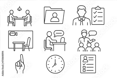 Interrogation Training Icons. Line style icons of training and roleplay interrogations: mock table scene, training folder,