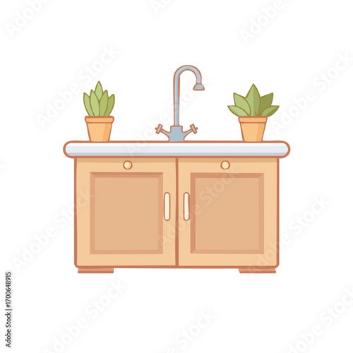 A clean and modern kitchen sink with two potted plants on either side of the faucet. The cabinets are clean and simple