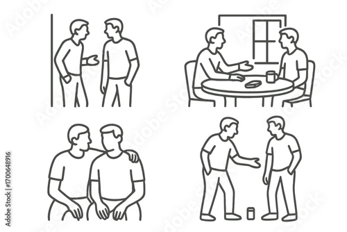 Casual Interrogation Icons. Line style icons of informal interrogations: hallway questioning, coffee table chat, friendly setting,