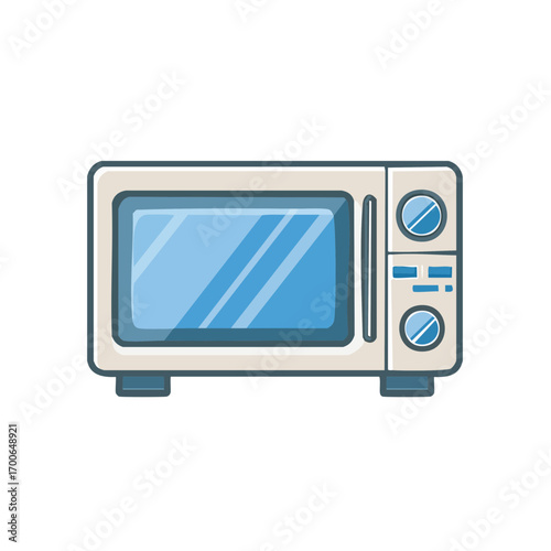 A simple illustration of a microwave oven. The microwave is in a neutral color palette and has a simple design