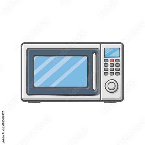 A modern microwave oven with a digital display and control panel, isolated on a blank backdrop. The microwave has a gray finish