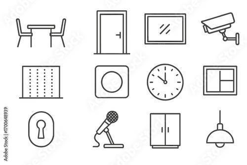 Interrogation Room Outline. Line style icons of interrogation room setup: table and two chairs, closed steel door, observation
