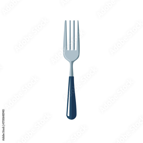 A close-up shot of a fork with four tines, featuring a sleek silver finish and a dark handle. The object is perfectly centered, highlighting its elegant design and functional form.