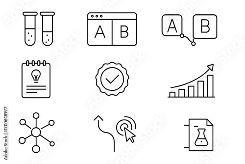 A_B Testing Icons. Line style icons of A/B testing and optimization: test tubes, split screen, test result chart, version A/B