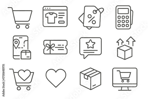 E-commerce Icons Collection. Line style icons of e-commerce marketing tools: shopping cart, product page, sale tag, payment