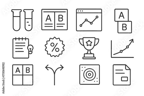 A_B Testing Icons. Line style icons of A/B testing and optimization: test tubes, split screen, test result chart, version A/B