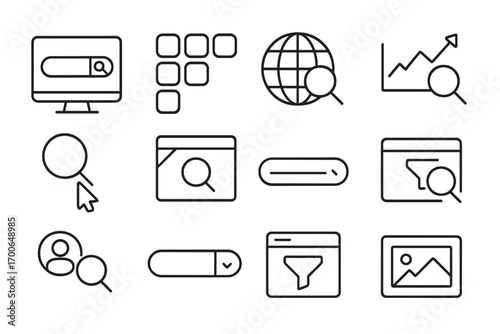 Search Engine Icons. Line style icons of search engine interface: search bar on screen, results grid, globe icon, search analytics