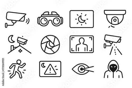 Night Surveillance Icons. Line style icons of night surveillance: infrared cam icon, night vision goggles, cam view with glow,