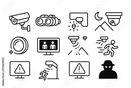Night Surveillance Icons. Line style icons of night surveillance: infrared cam icon, night vision goggles, cam view with glow,