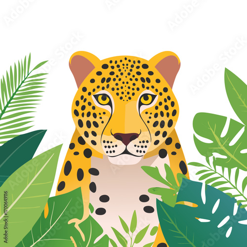 A detailed illustration of a leopard with a beautiful jungle background. The illustration shows a leopard peering through lush green leaves