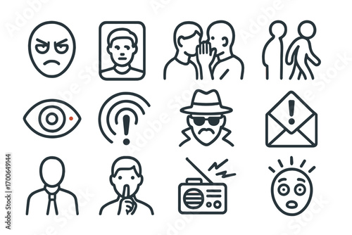 Spy Detection Icons. Line style icons of enemy detection: suspicious glare icon, mirror reflection watch, whisper stopped,