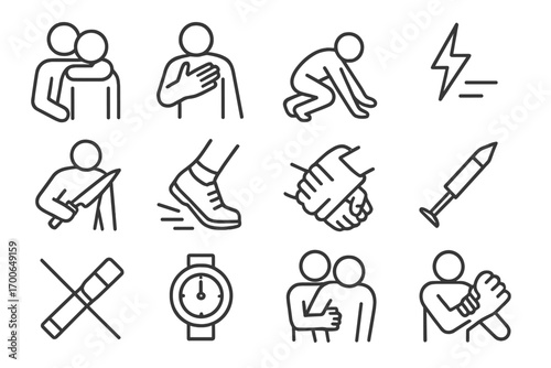 Stealth Action Icons. Line style icons of silent takedown and stealth: chokehold icon, hand over mouth, quiet fall, stun device
