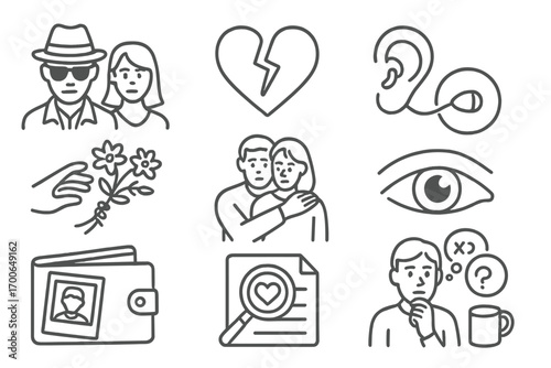 Undercover Love Conflict. Line style icons of romantic conflict in undercover: agent and target side by side, torn heart icon,