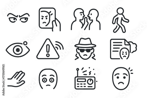 Spy Detection Icons. Line style icons of enemy detection: suspicious glare icon, mirror reflection watch, whisper stopped,