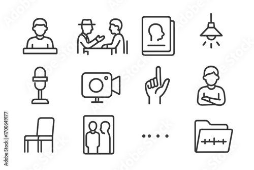 Interrogation Icons. Line style icons of interrogation during investigation: suspect with table, detective questioning, truth file