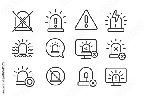 Malfunctioning Siren Icons. Line style icons of malfunctioning sirens: crossed-out light icon, error beacon, broken strobe lines,
