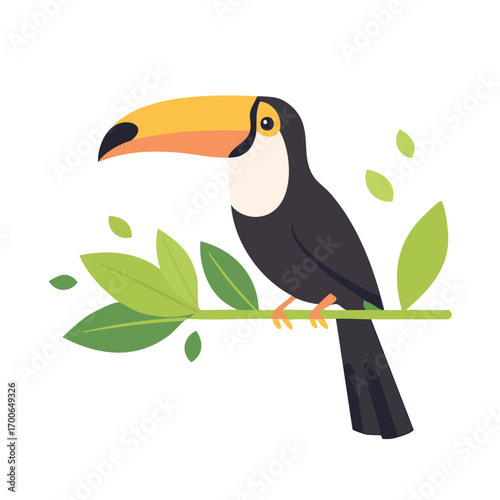 An illustrated toucan perched on a branch with vibrant green leaves, creating a tropical scene